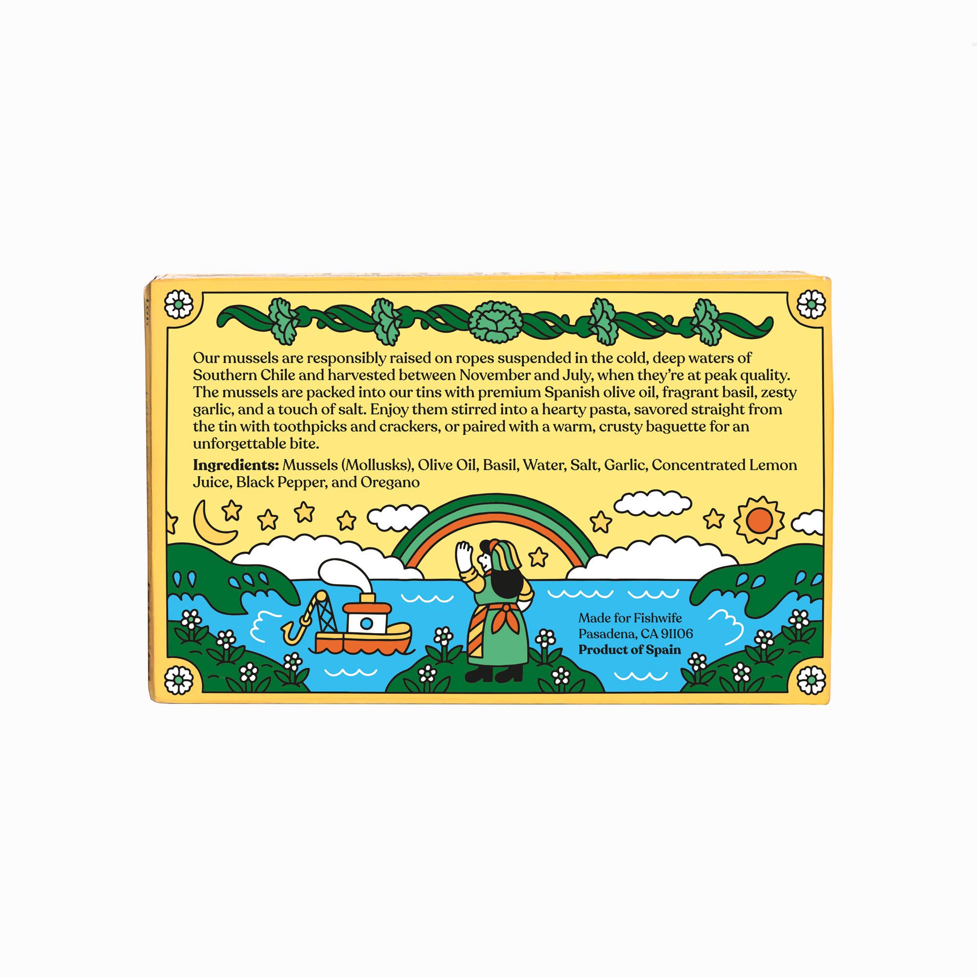Decorative label with a colorful design featuring a rainbow, ship, and landscape on a white background.