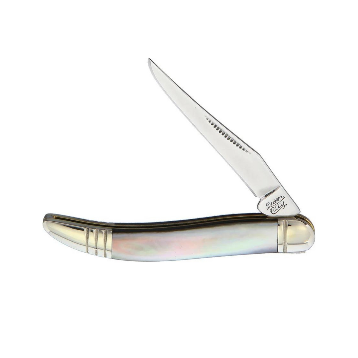 Elevate your urban carry with the Toothpick Knife—featuring a sleek black pearl handle, mirror-finish stainless blade, and nickel silver details for timeless style.