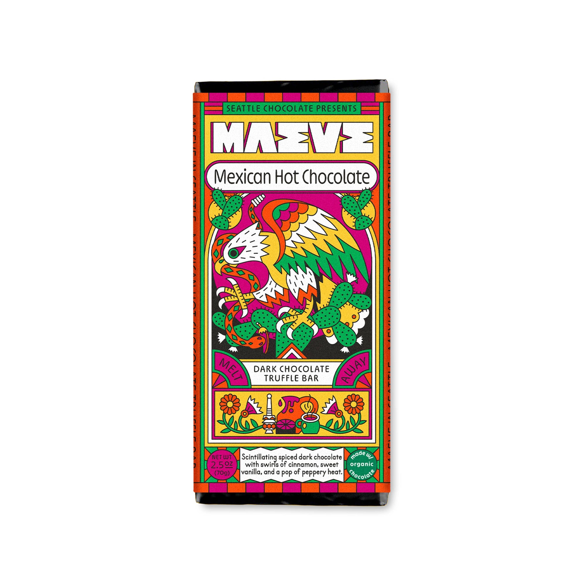Colorful packaging of Maeve Mexican Hot Chocolate on a white background