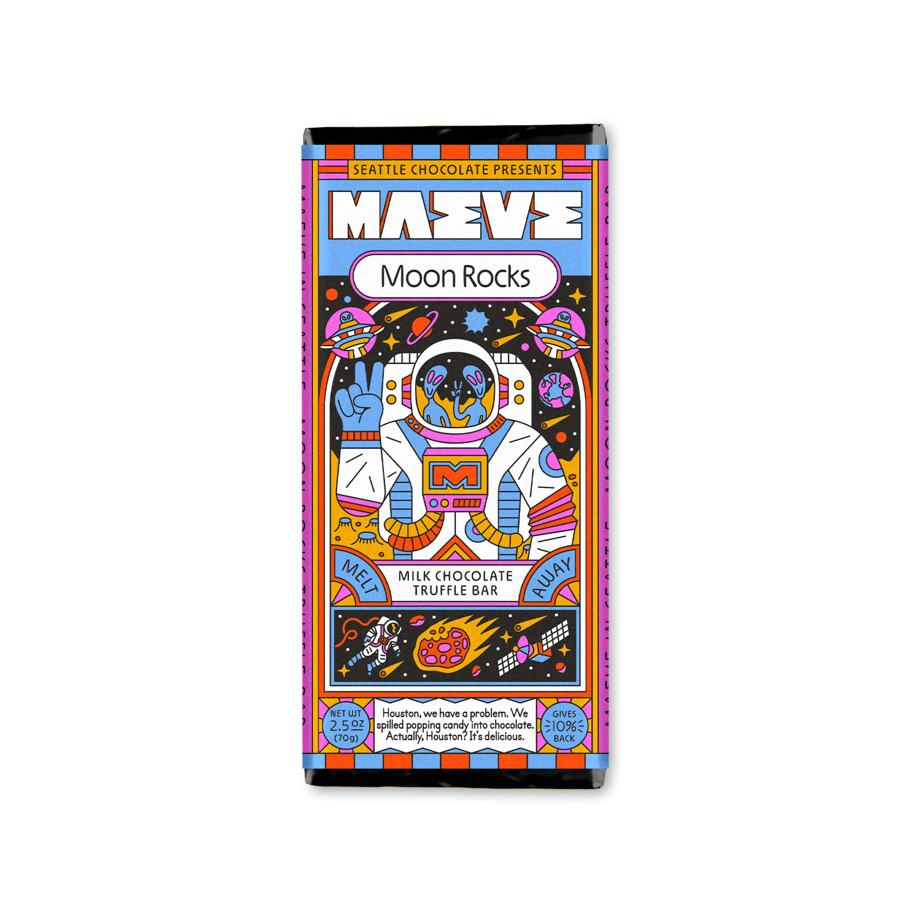 Colorful packaging of Maeve Moon Rocks chocolate bar with astronaut design on a white background