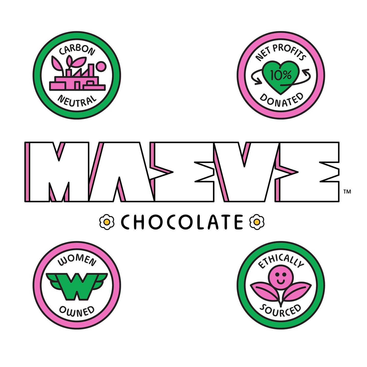 Mavee Chocolate logo with certification badges on a white background