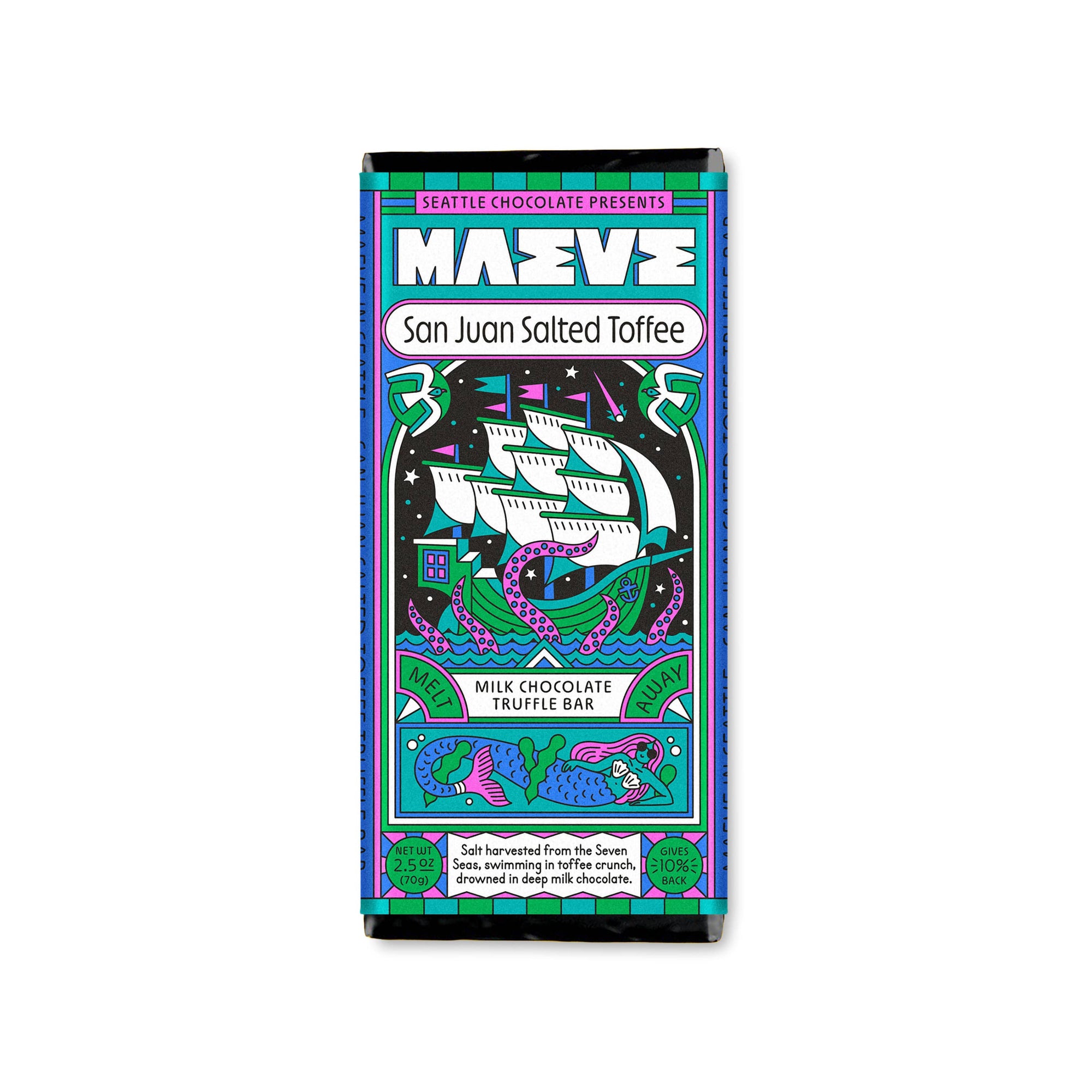 Maeve San Juan Salted Toffee chocolate bar packaging on a white background