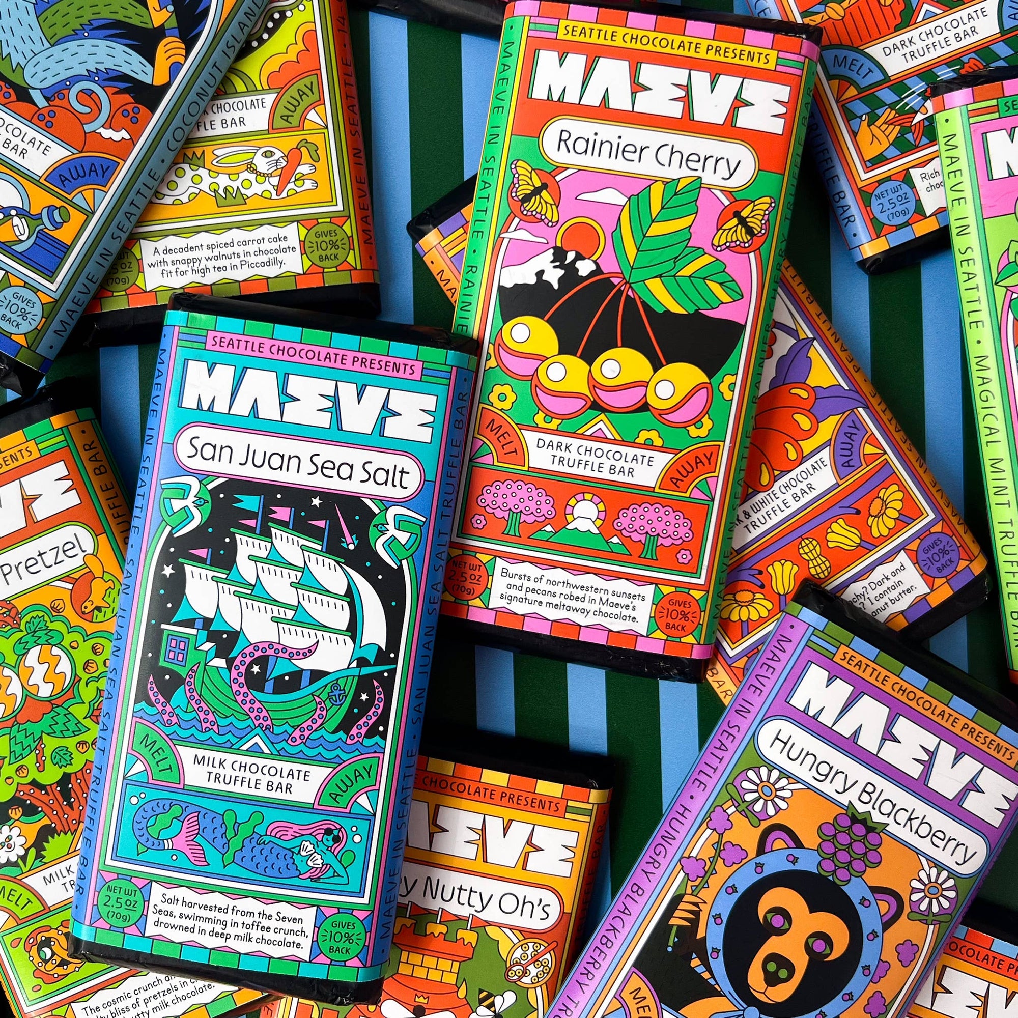 Colorful packaging of Maeve chocolate bars on a blue striped background