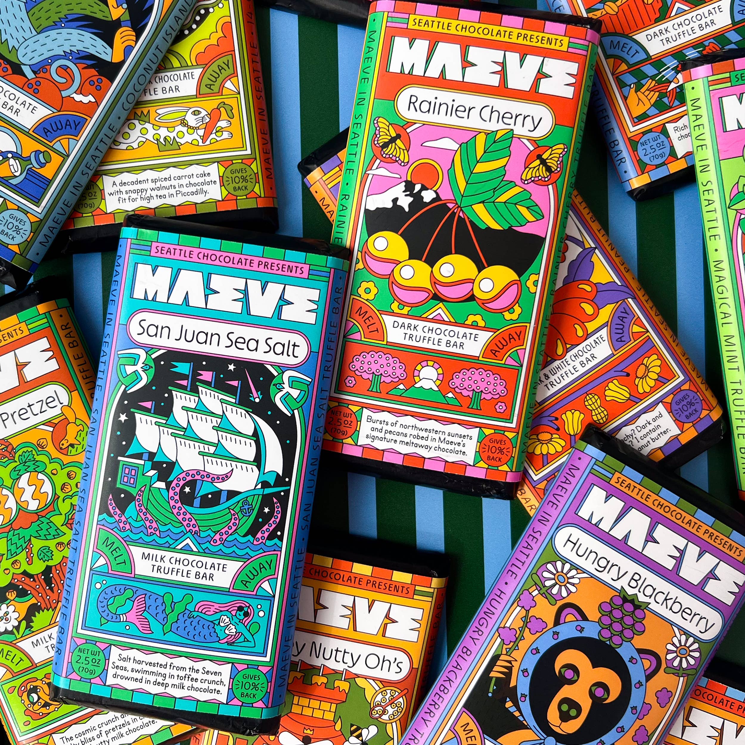 Colorful packaging of Maeve chocolate bars on a blue striped background