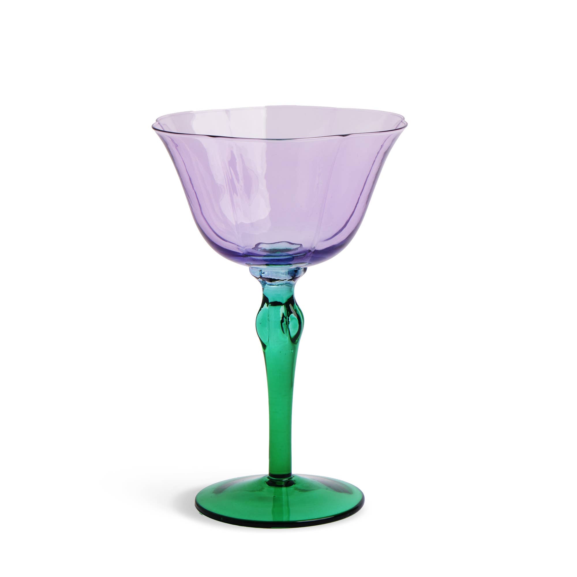 Bring playful elegance to your bar with the Tulip Coupe Glass! With a purple bowl and green stem, it’s perfect for cocktails, bubbles, and festive sips.