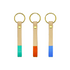 Three Tango leather key fobs with aqua, orange and periwinkle painted ends on brass rings