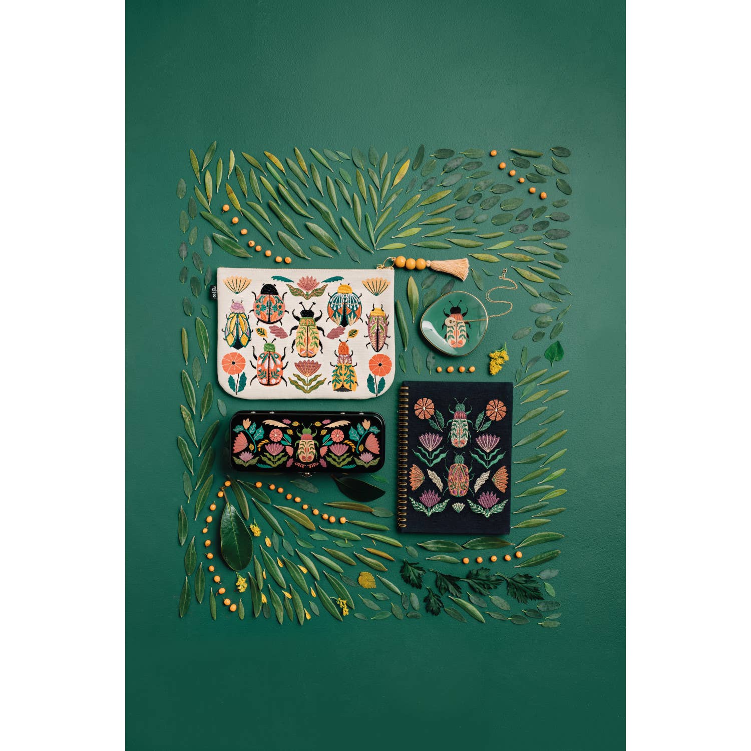 Protect your treasures with the Large Amulet Zip Pouch, featuring embellished scarab beetles and herbal blooms for ancient enchantment and peace of mind.