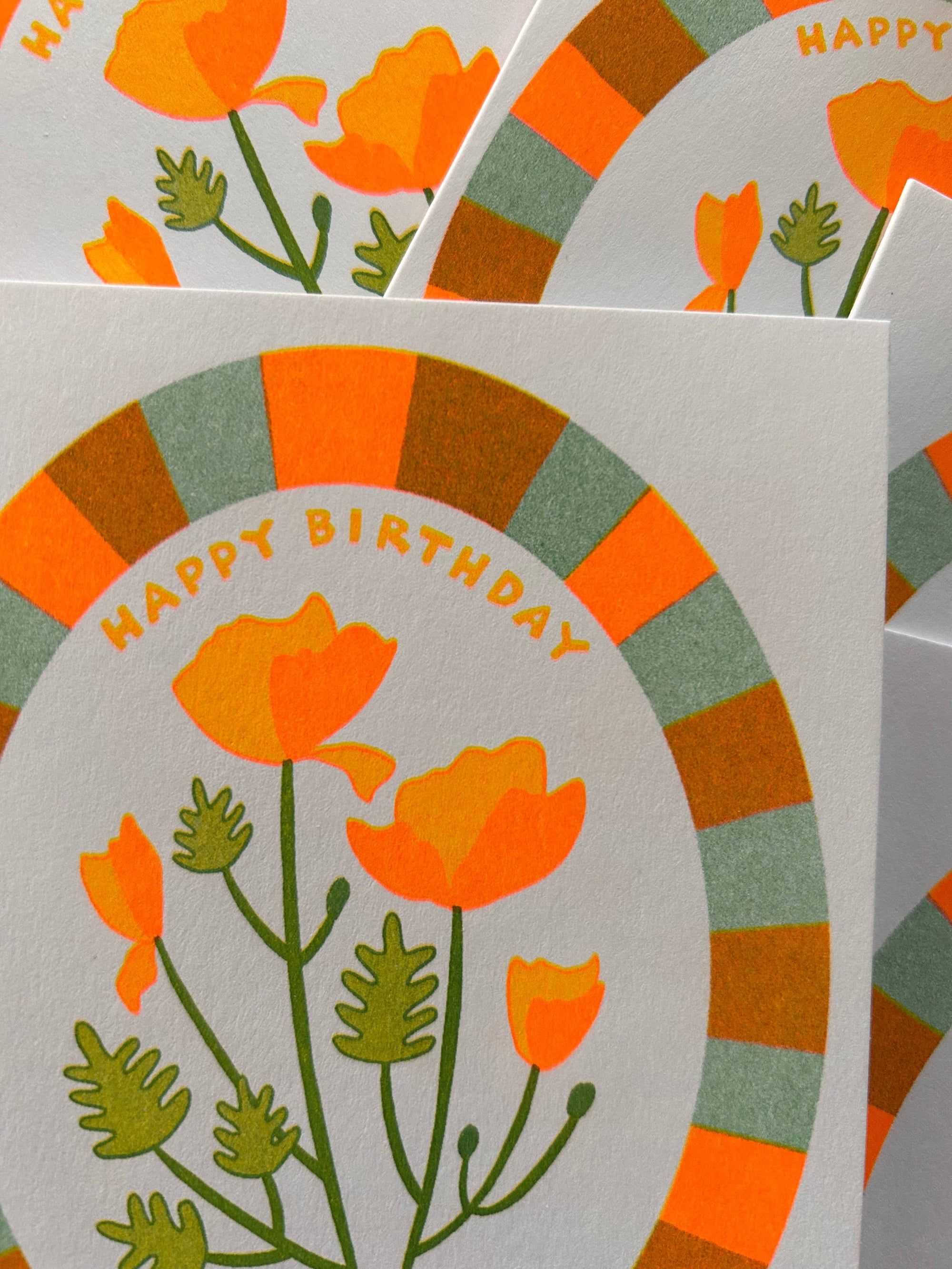 Greeting card with orange flowers and 'Happy Birthday' text on a white background