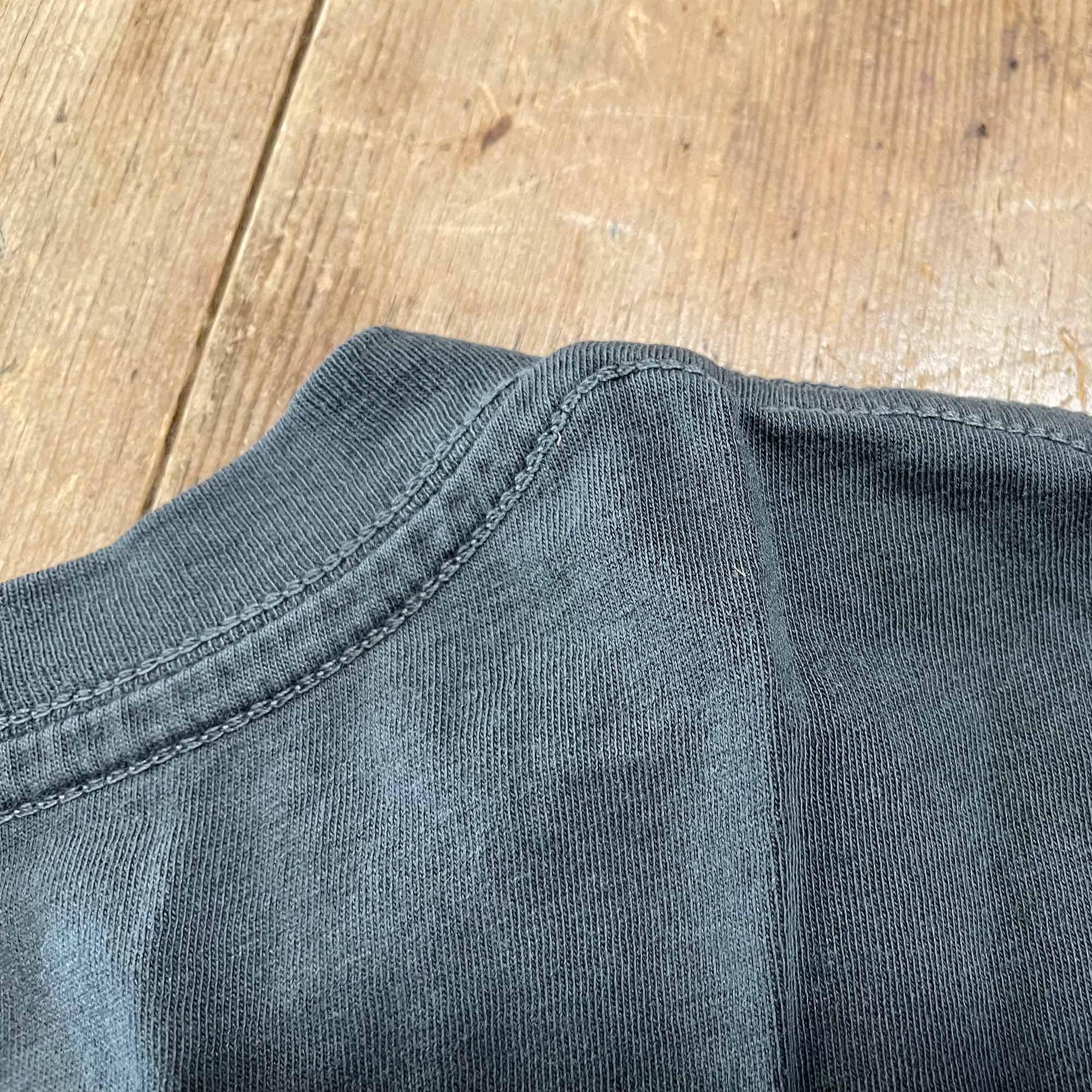 Close-up detail of a dark charcoal gray ribbed knit garment, showing the collar stitching and fabric texture against a light brown wooden background.