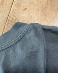 Close-up detail of a dark charcoal gray ribbed knit garment, showing the collar stitching and fabric texture against a light brown wooden background.