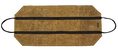 Tan waxed canvas firewood log carrier with webbing handles