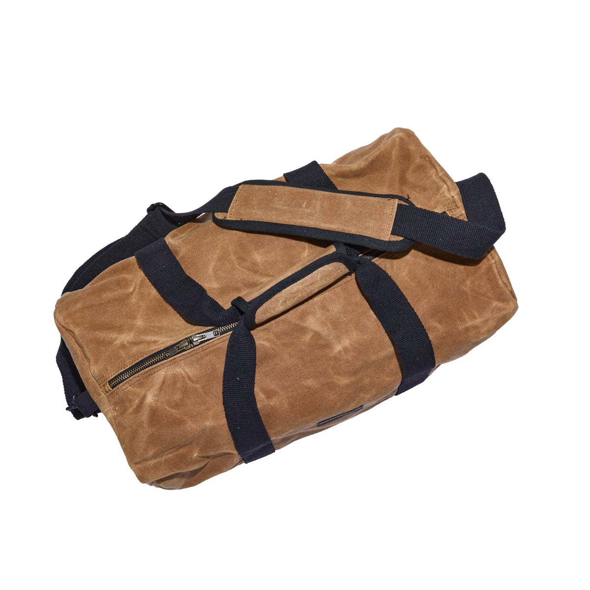 Waxed canvas duffel bag with webbing straps, padded handle and brass zipper