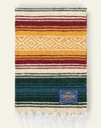 Falsa blanket in yellow, maroon, cream and dark green stripes with a cream diamond band