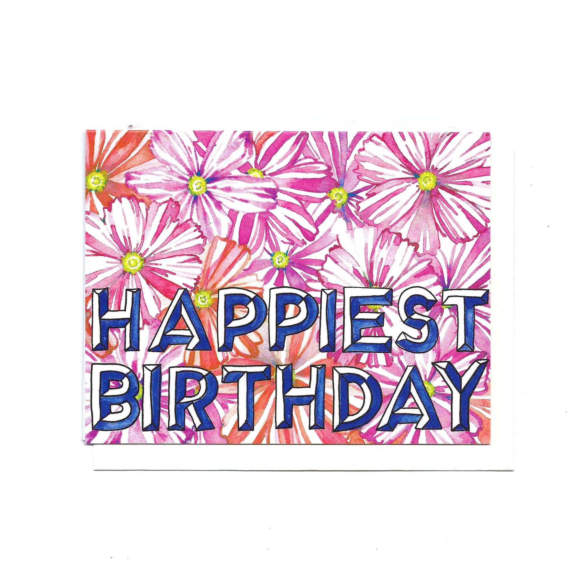 Happy Birthday card with pink flowers and blue text on a white background