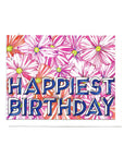 Happy Birthday card with pink flowers and blue text on a white background