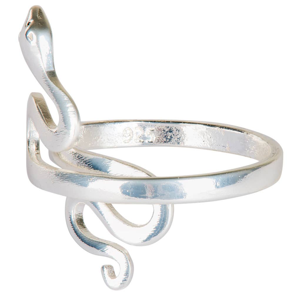 Silver snake-shaped ring on a white background