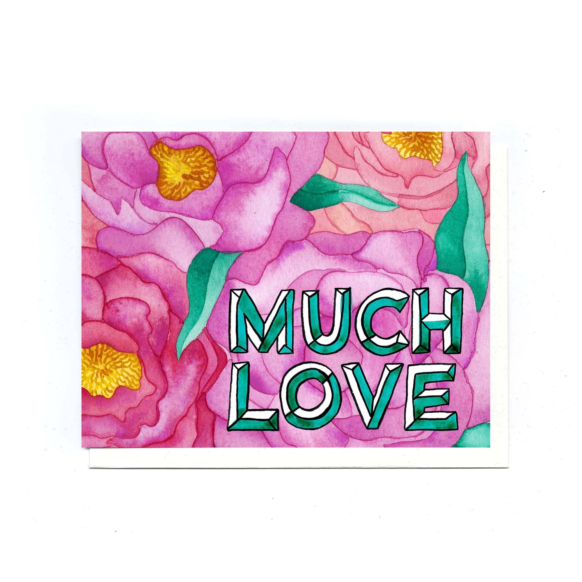 Card with pink floral design and 'MUCH LOVE' text on a white background