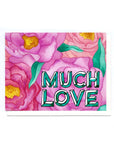 Card with pink floral design and 'MUCH LOVE' text on a white background