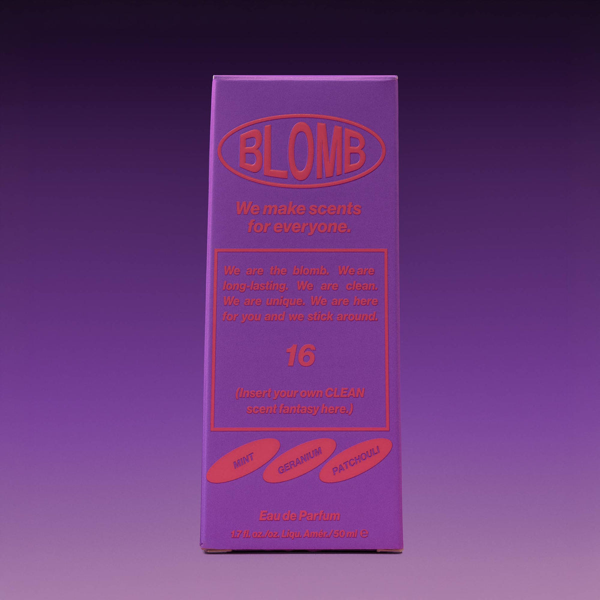 Purple Blomb No. 16 box against a dark purple gradient background