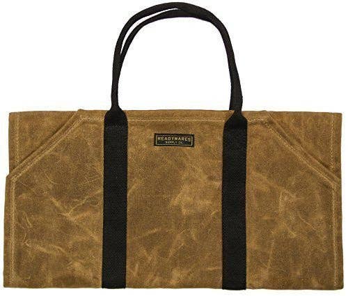 Tan waxed canvas firewood log carrier with webbing handles