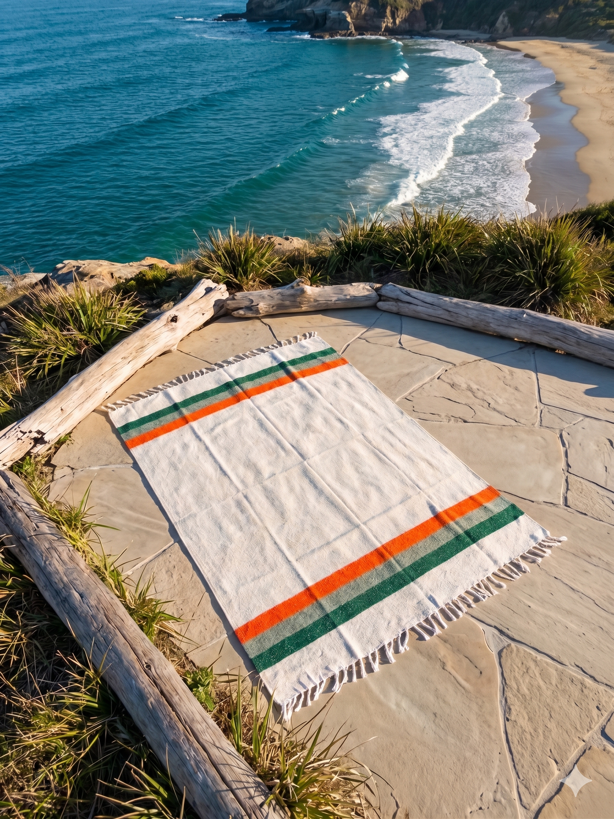 Cream blanket with green and orange stripes spread on a stone overlook above the ocean