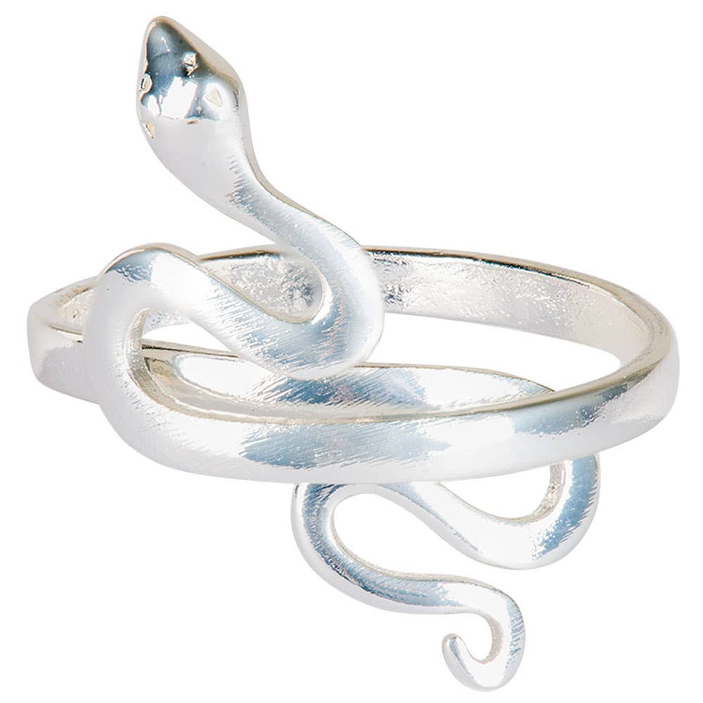 Silver snake-shaped ring on a white background