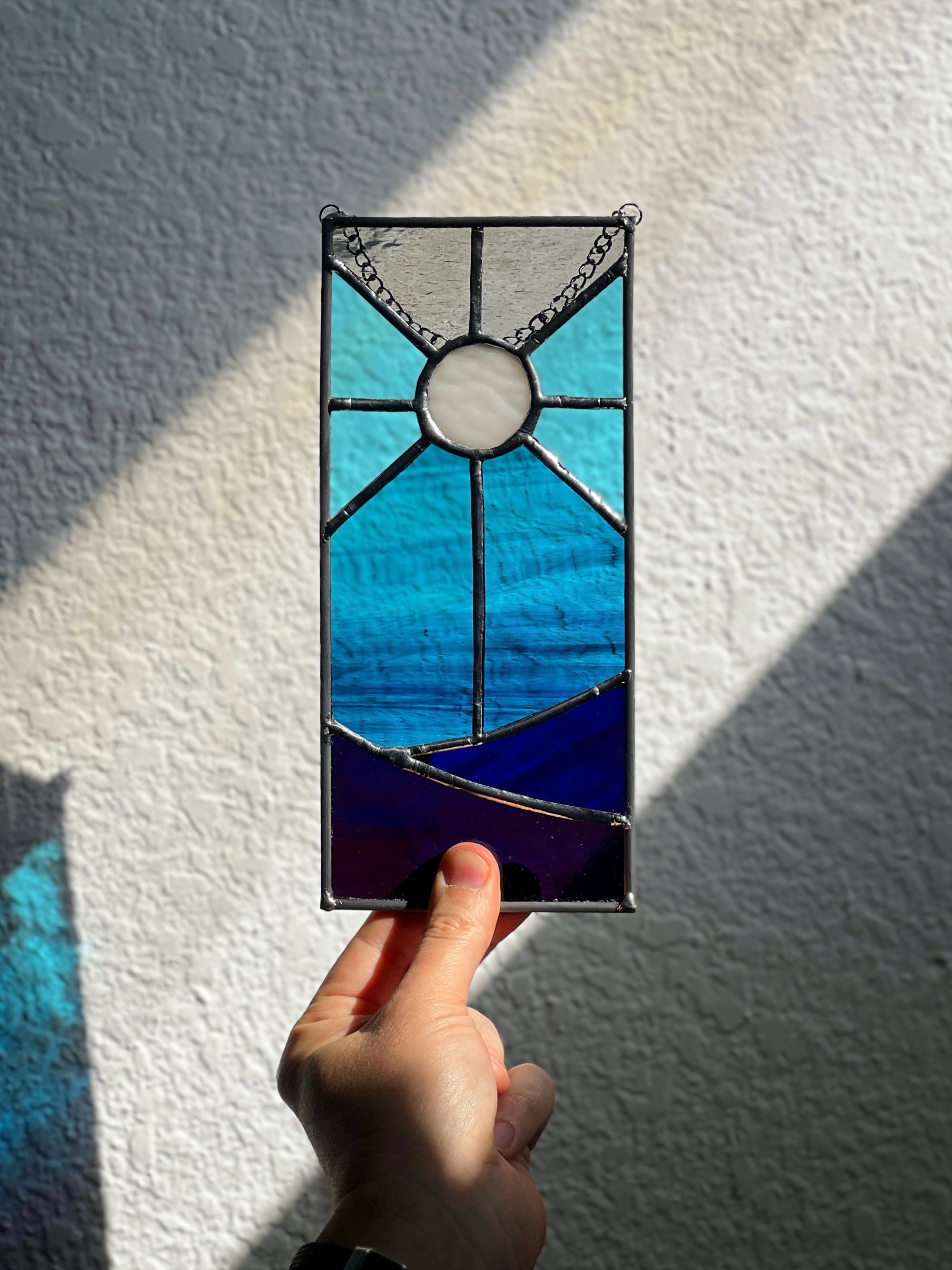 Handcrafted stained glass desertscape suncatcher. Stunning landscape window hanging & nature lover gift. Beautiful desert scene home decor.