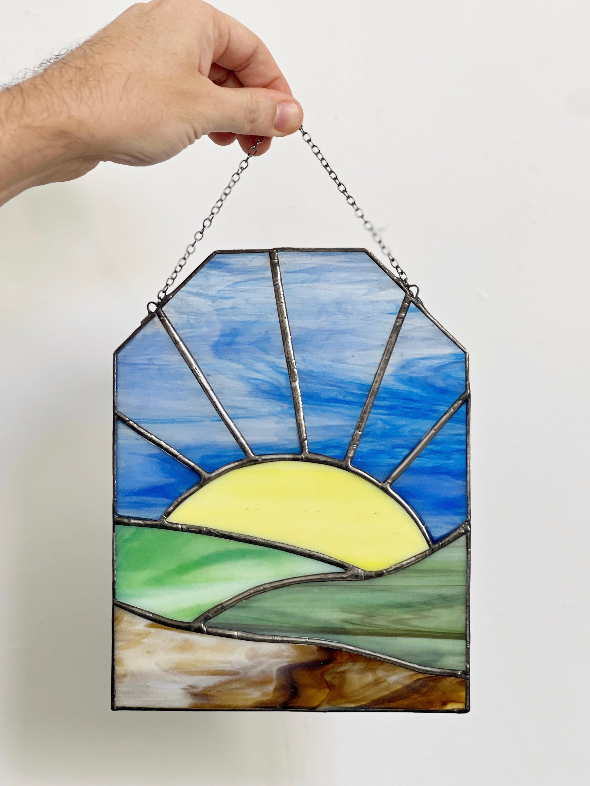 Handcrafted stained glass desertscape suncatcher. Stunning landscape window hanging & nature lover gift. Beautiful desert scene home decor.