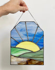 Handcrafted stained glass desertscape suncatcher. Stunning landscape window hanging & nature lover gift. Beautiful desert scene home decor.
