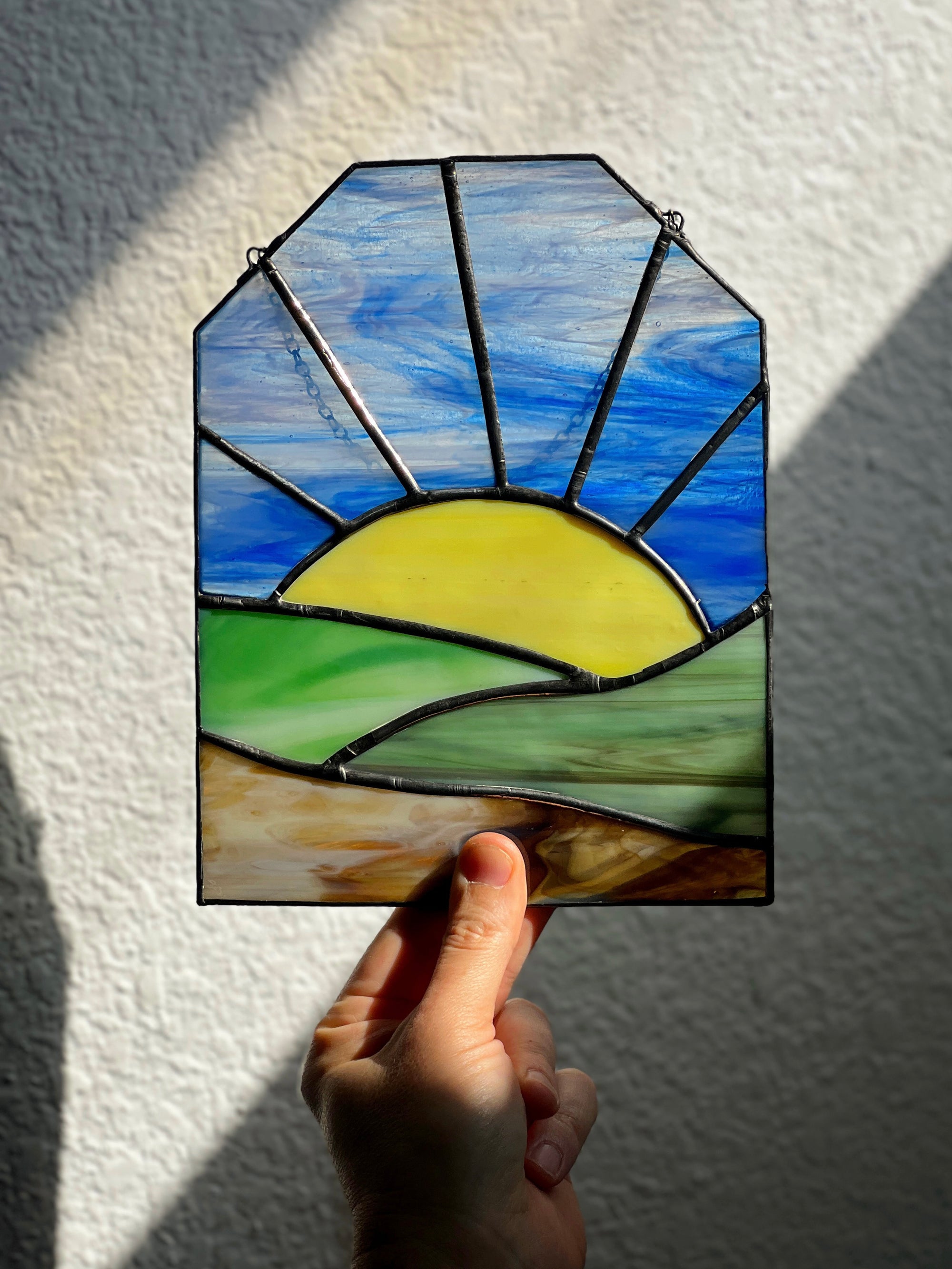 Handcrafted stained glass desertscape suncatcher. Stunning landscape window hanging & nature lover gift. Beautiful desert scene home decor.