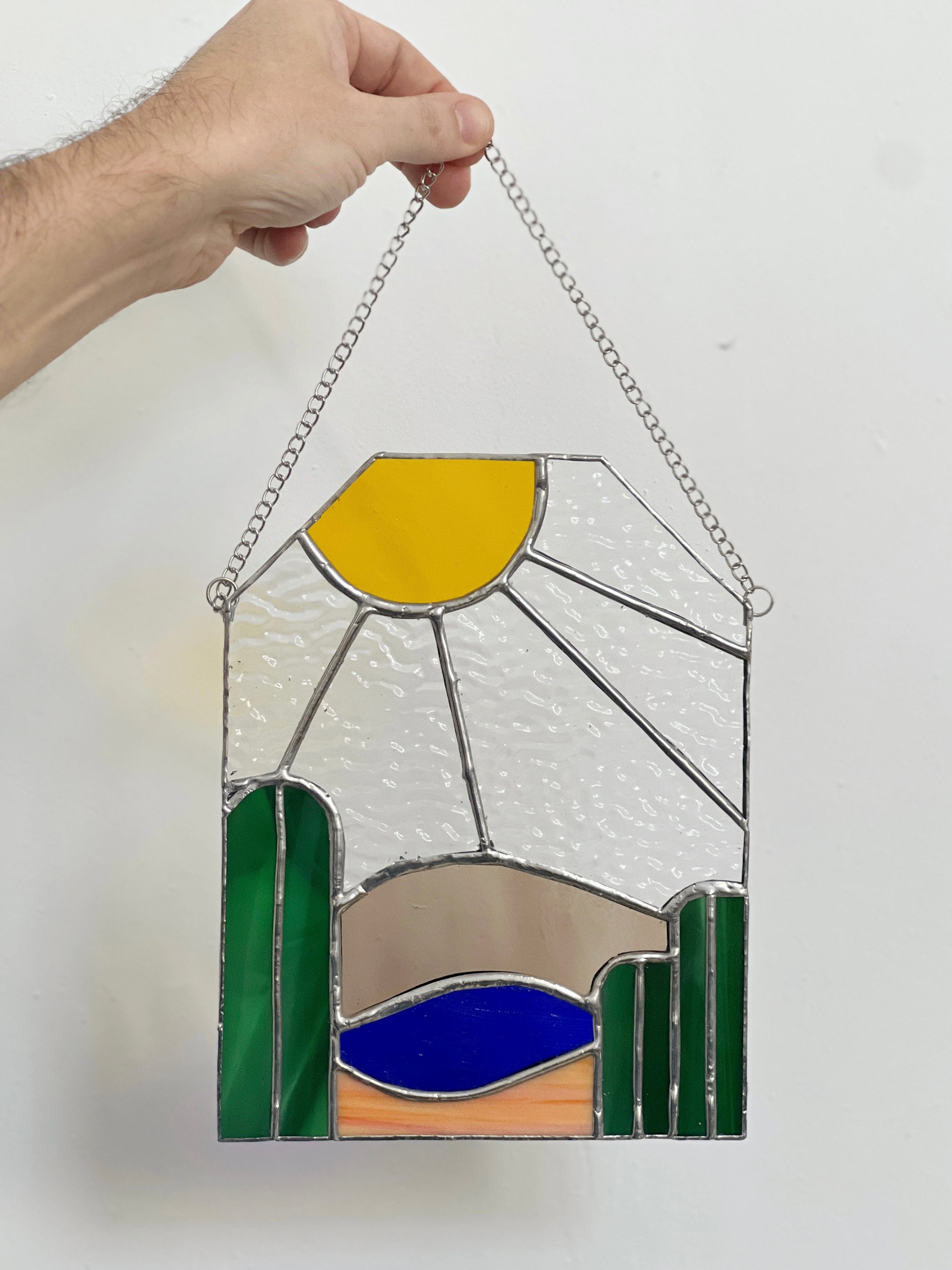 Handcrafted stained glass desertscape suncatcher. Stunning landscape window hanging &amp; nature lover gift. Beautiful desert scene home decor.