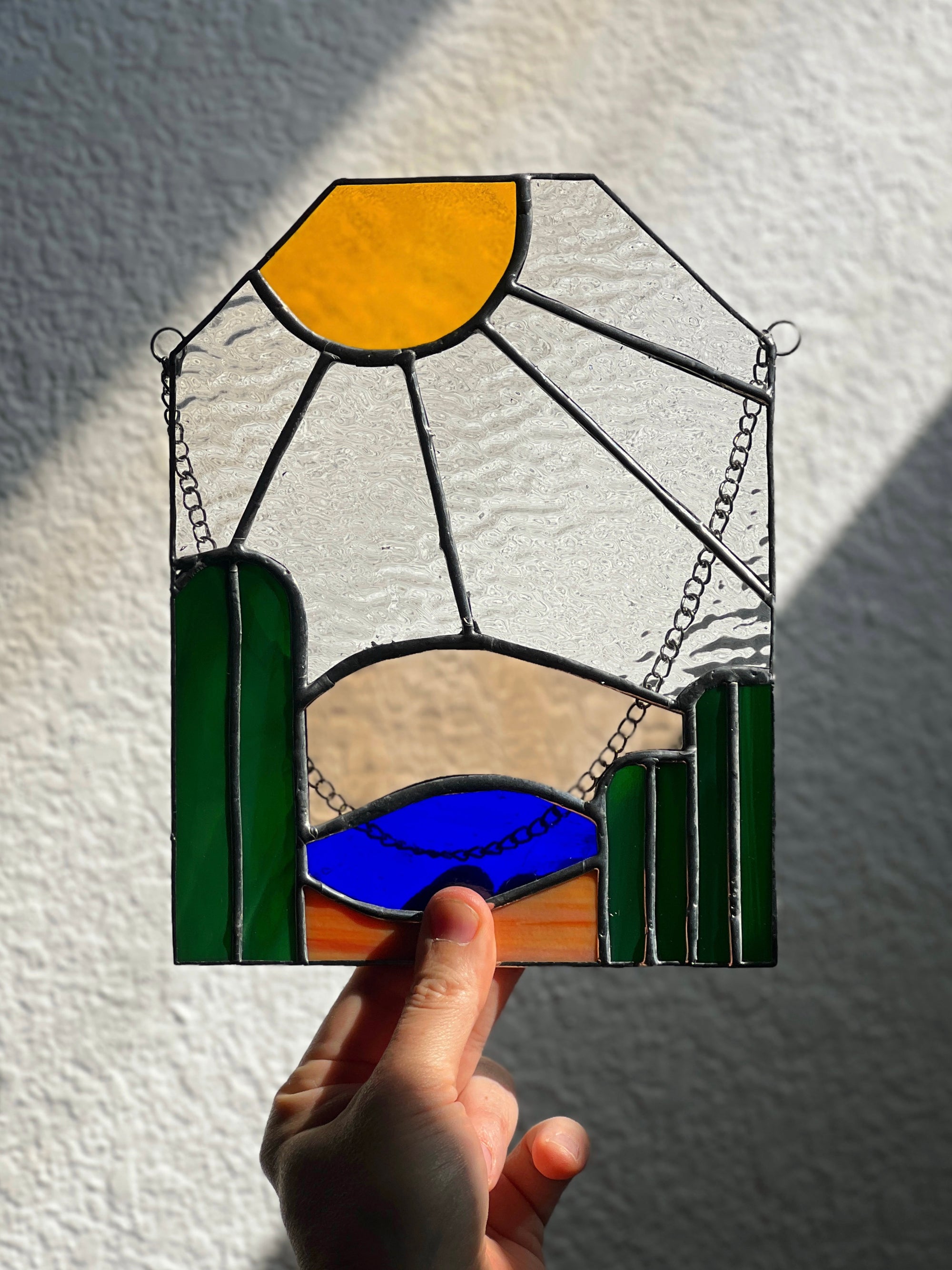 Handcrafted stained glass desertscape suncatcher. Stunning landscape window hanging &amp; nature lover gift. Beautiful desert scene home decor.