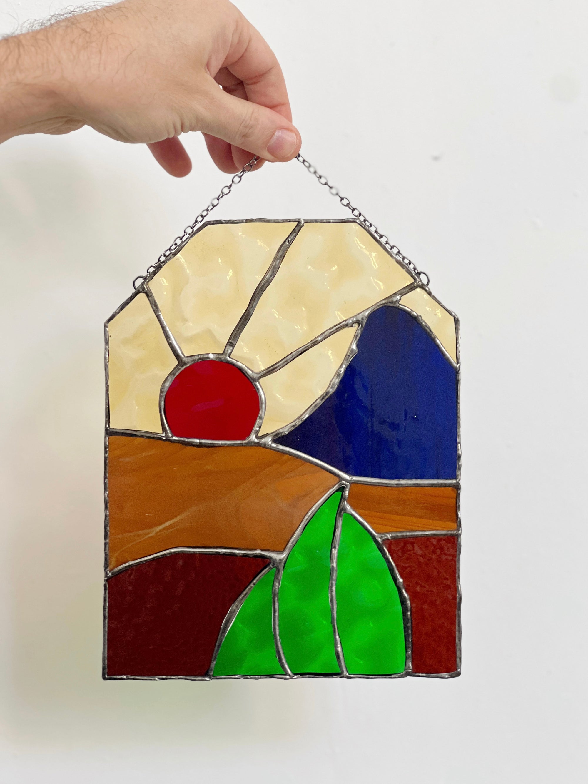 Handcrafted stained glass desertscape suncatcher. Stunning landscape window hanging &amp; nature lover gift. Beautiful desert scene home decor.