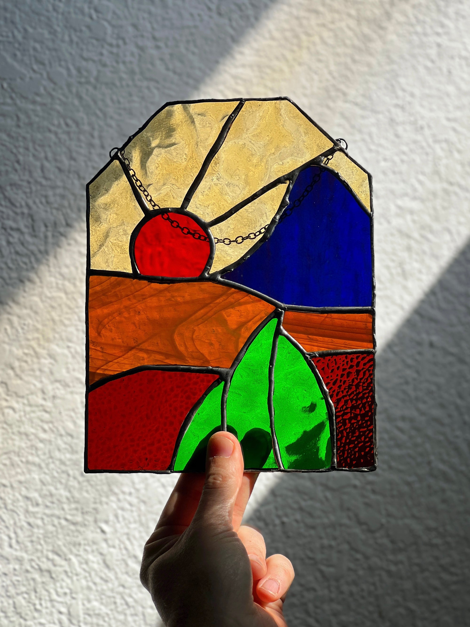 Handcrafted stained glass desertscape suncatcher. Stunning landscape window hanging &amp; nature lover gift. Beautiful desert scene home decor.