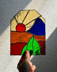 Handcrafted stained glass desertscape suncatcher. Stunning landscape window hanging & nature lover gift. Beautiful desert scene home decor.