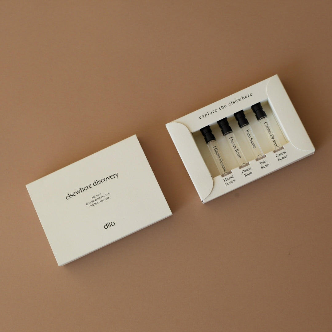 The Discovery Set comes in a set of four 2ml bottles: Palo Santo, Desert Kush, Cactus Flower, and Hinoki. This is a great starter set for those who are still new to the unisex parfum game!