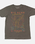 A grey short-sleeve t-shirt with a vintage-style graphic of Big Bend National Park in Texas. The graphic features yellow, orange, and red text and line art.