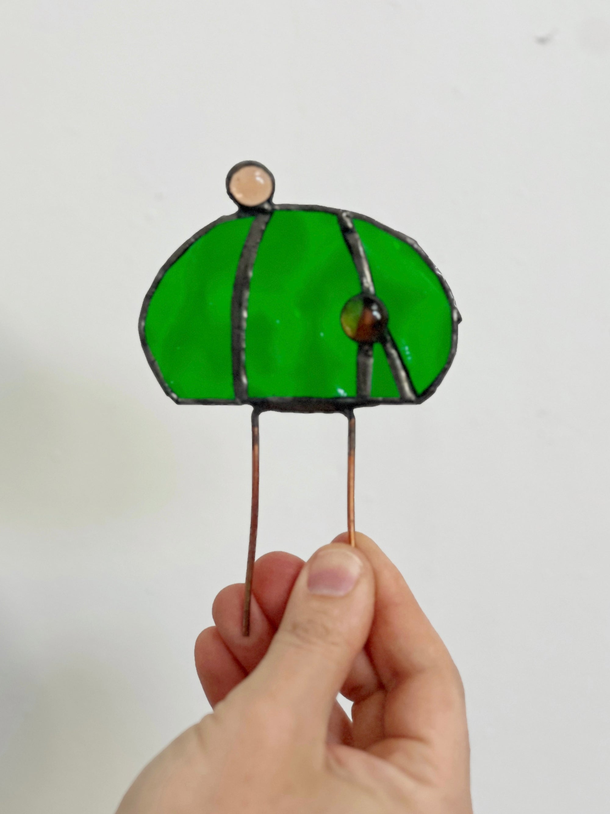 Handcrafted stained glass echino cactus plant stake. Whimsical boho garden decor & plant lover gift. Perfect for pots, planters & indoor gardens.