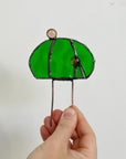 Handcrafted stained glass echino cactus plant stake. Whimsical boho garden decor & plant lover gift. Perfect for pots, planters & indoor gardens.