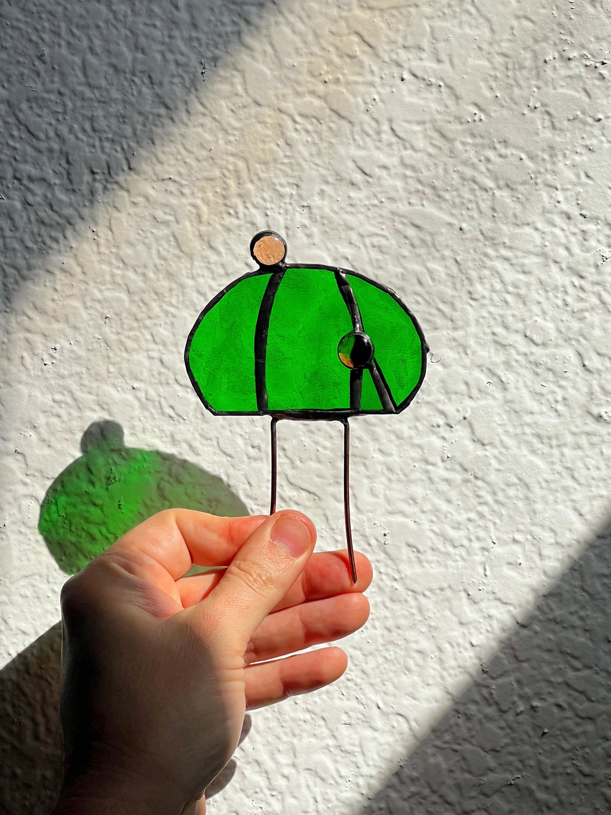 Handcrafted stained glass echino cactus plant stake. Whimsical boho garden decor & plant lover gift. Perfect for pots, planters & indoor gardens.