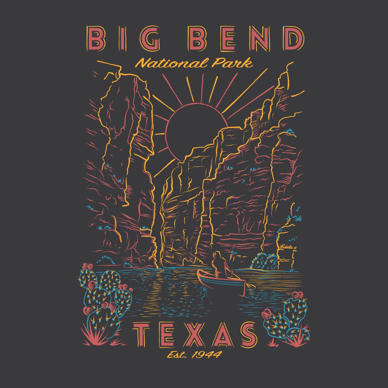 A dark gray graphic print featuring a stylized desert canyon scene with tall rock cliffs, a sun, cacti, and a small boat on water. Text at the top reads “BIG BEND National Park” and text at the bottom reads “TEXAS Est.