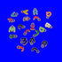 Assorted enameled letter charms in bright colors on a blue background