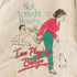 A close-up of a beige fabric surface printed with a retro-style illustration and the text 'Not tonight Honey, I'm Playing Bingo.' The print shows a woman in a pink top and green pants walking away from a bed, with a man in bed, a cat, and bingo cards.