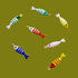 Seven enameled fish charms in different colors scattered on an olive green background