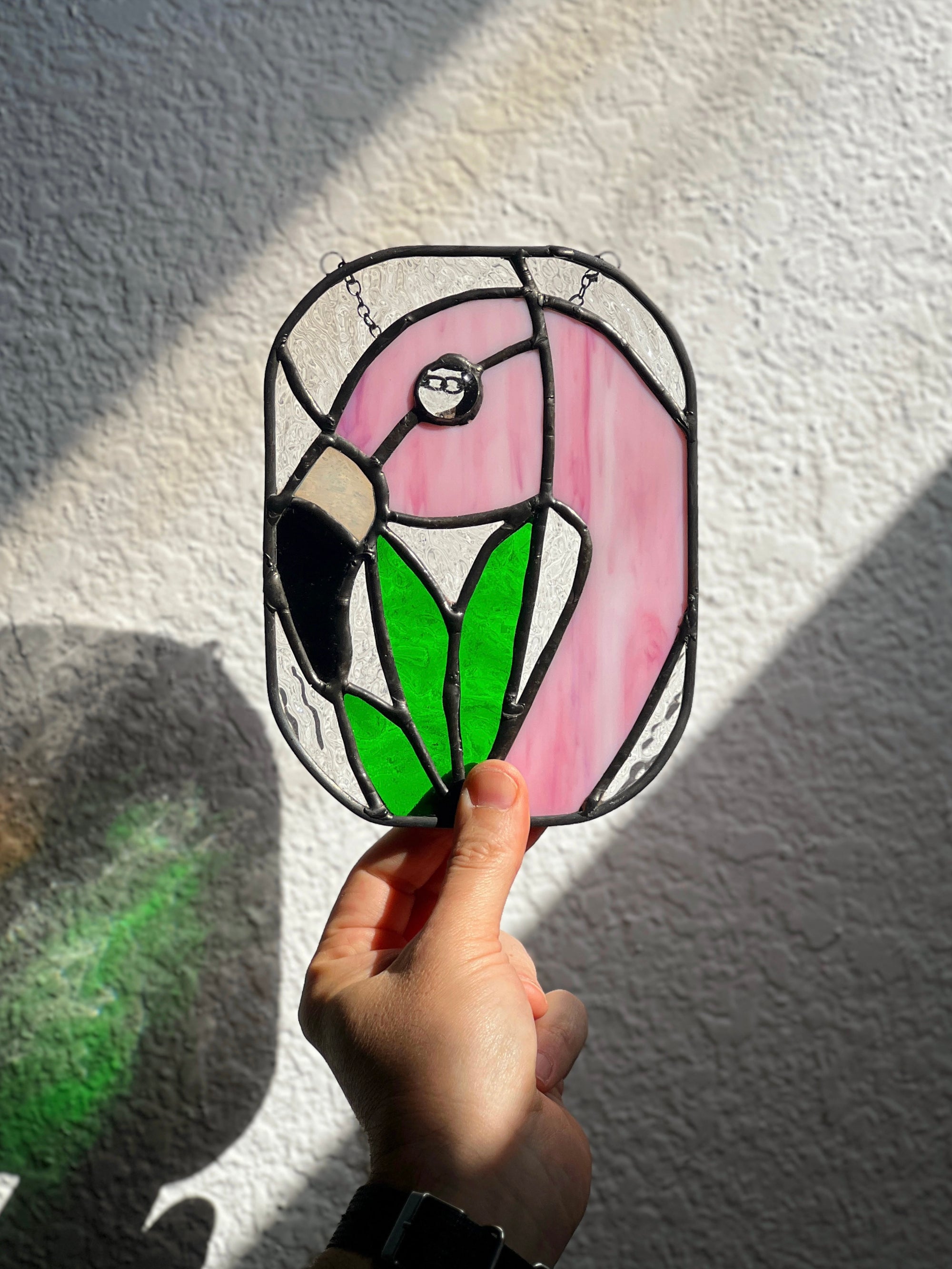 Handcrafted stained glass bird suncatcher. Flamingo, hummingbird & owl designs. Unique window decor & bird lover gift. Perfect for sunny windows.