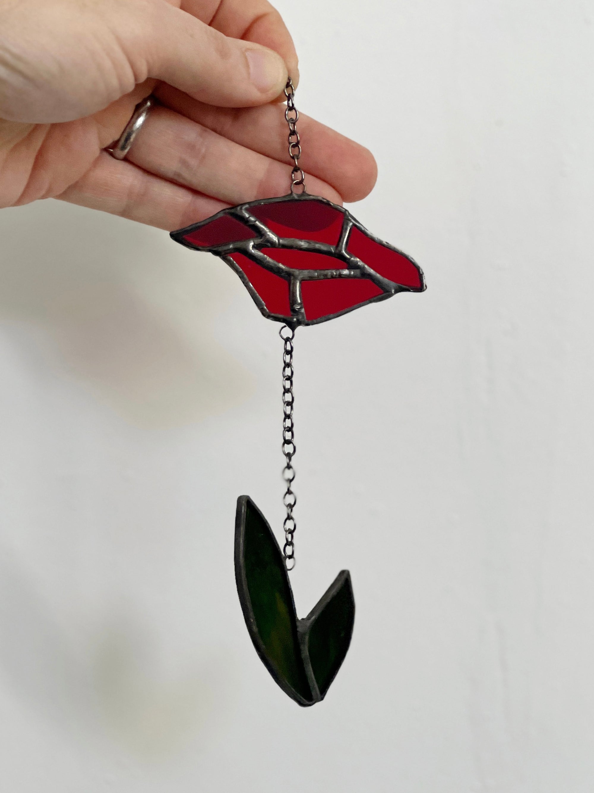 Handcrafted stained glass flower suncatcher. Poppy, rose, fleur-de-lis & dandelion designs. Boho window decor & wall art. Perfect gift.