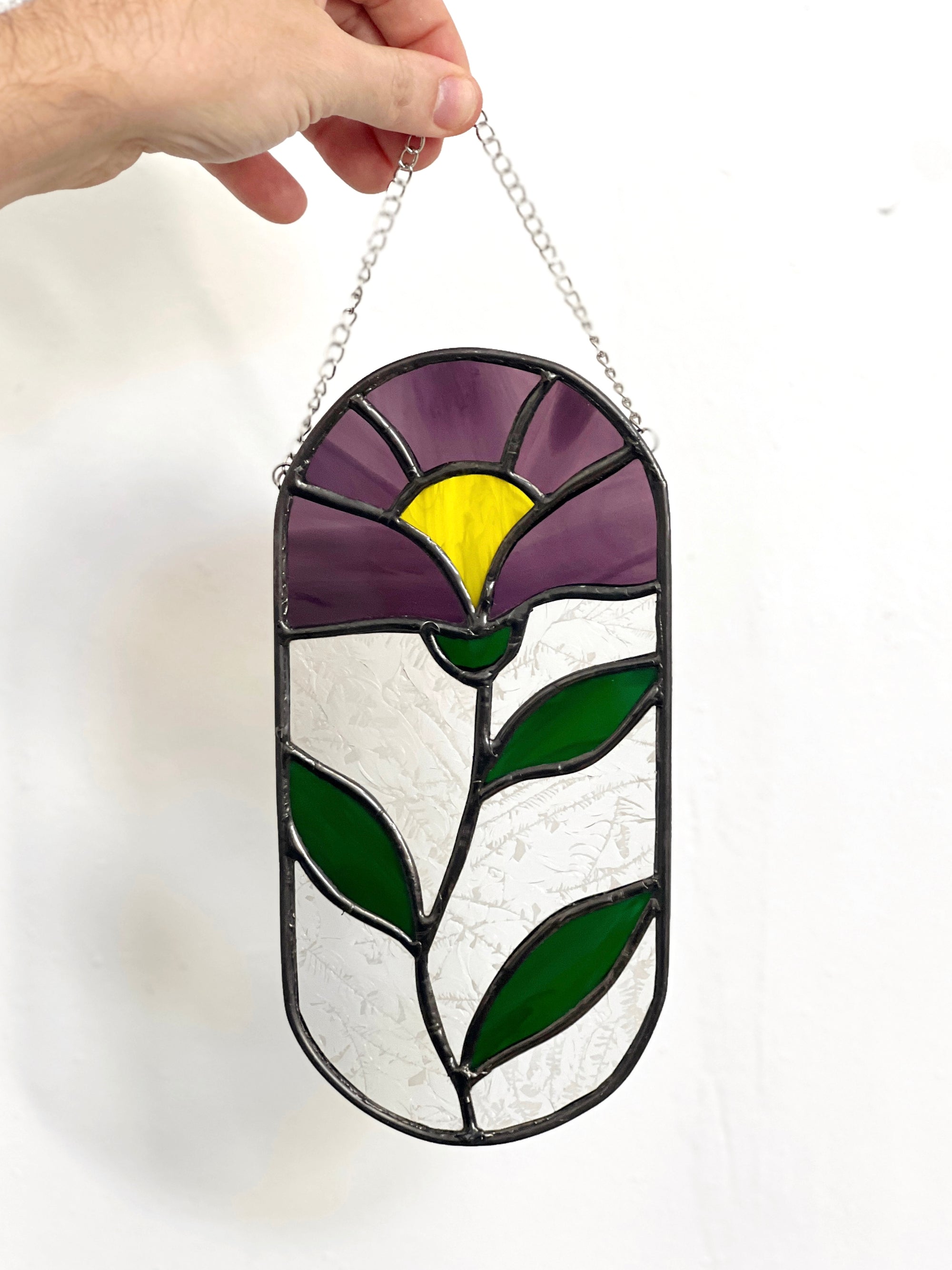 Handcrafted stained glass flower suncatcher. Tulip, blue bud, iris & poppy designs. Floral window decor & nature lover gift for sunny windows.
