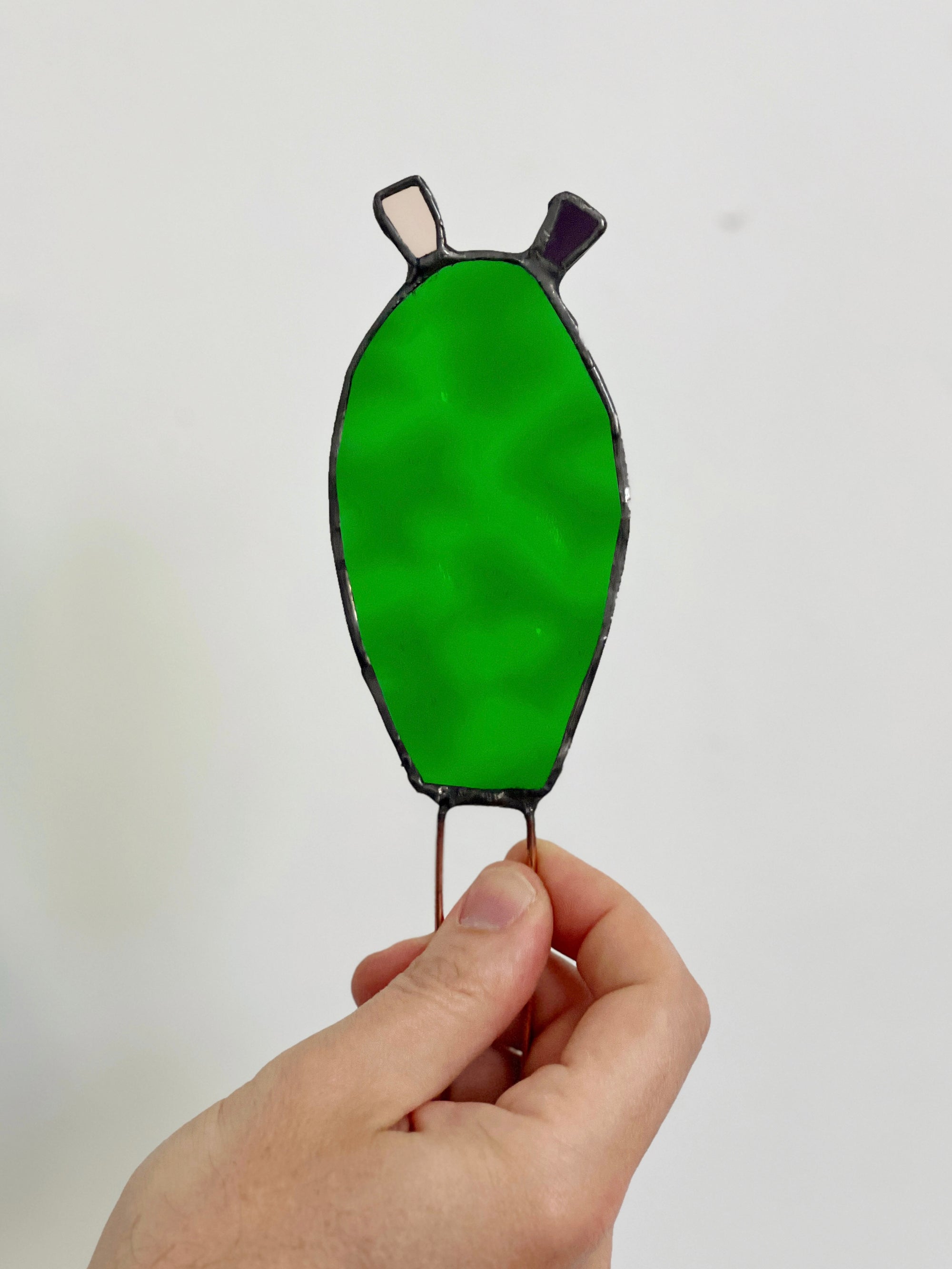 Handcrafted stained glass nopales prickly pear cactus plant stake. Unique boho garden decor & plant lover gift for pots & indoor planters.