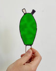 Handcrafted stained glass nopales prickly pear cactus plant stake. Unique boho garden decor & plant lover gift for pots & indoor planters.