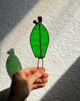 Handcrafted stained glass nopales prickly pear cactus plant stake. Unique boho garden decor & plant lover gift for pots & indoor planters.